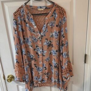 Floral Button-Up Blouse - Peach and Blue with lace trims size 2xl